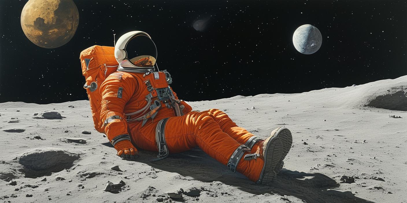 An astronaut reclining on a moon, watching distant planets