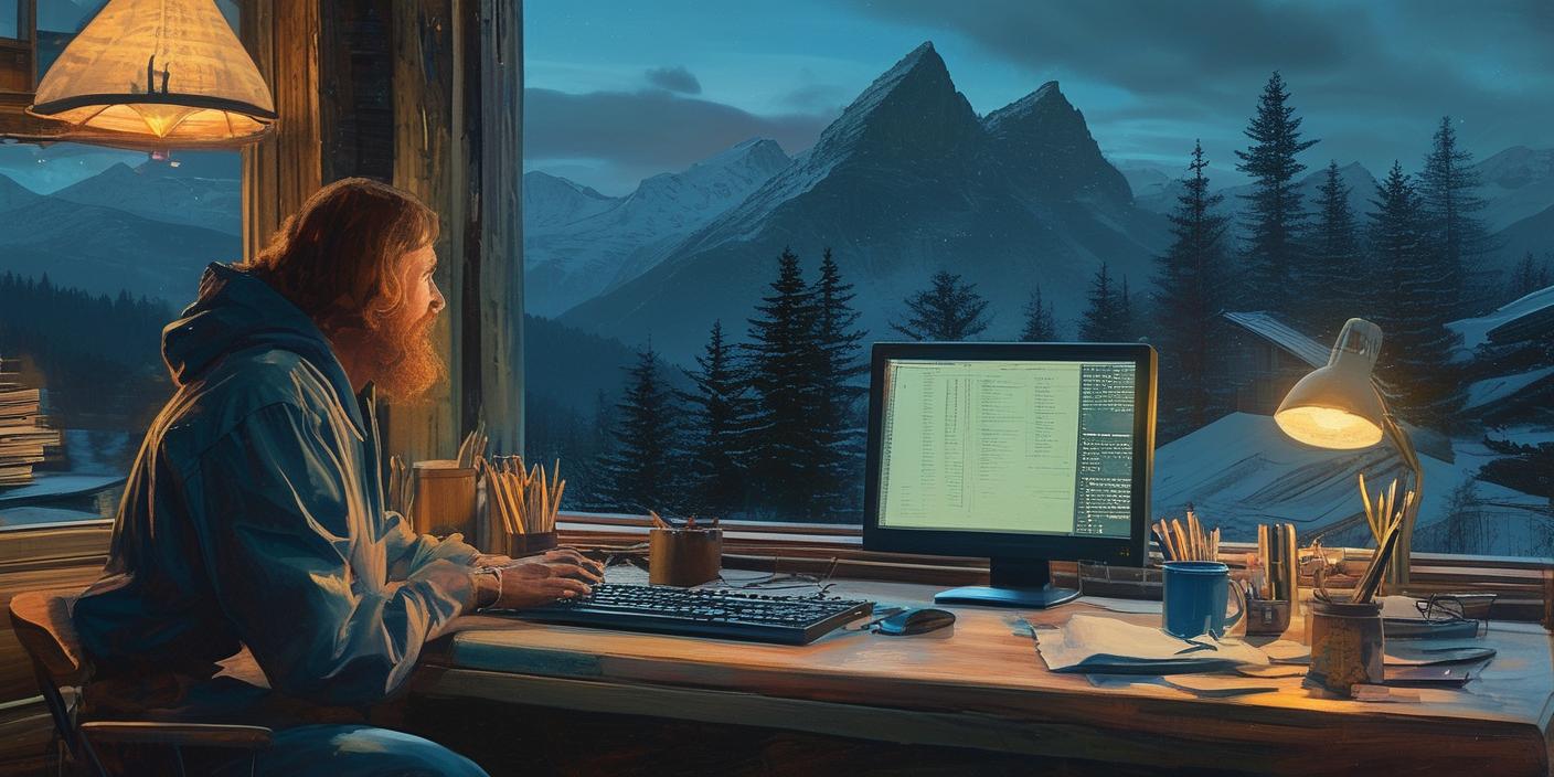 A bearded figure coding at a desk overlooking snowy mountains at dusk